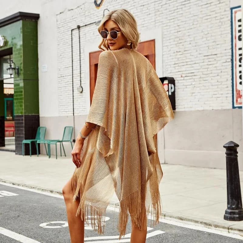 Swimsuit Cover-ups Fashion Tassel Gold Bikini Beach Cover Up Sexy Beach Dress Tunics for Women Summer Wear See Through