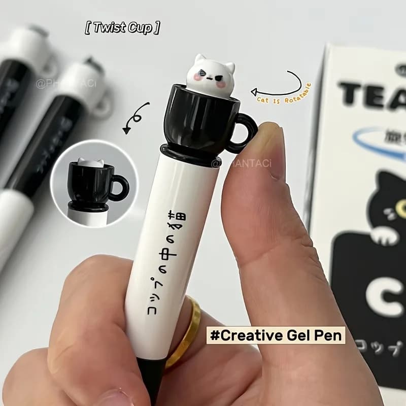 4pcs Cute Cat Pens 0.5mm Quick-Dry Black Cup Writing Pens Perfect for Office School Supplies School Stationery Playful Design