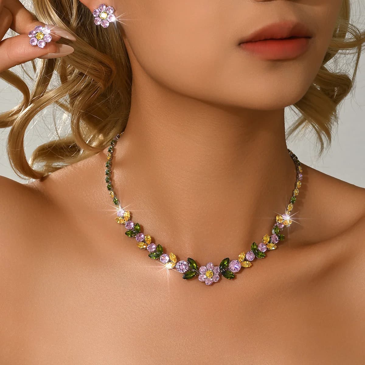 2026 New Floral Earrings and Necklace Set for Women - Trendy Floral Set with Diamond and Zirconia Stones (Instagram Style)