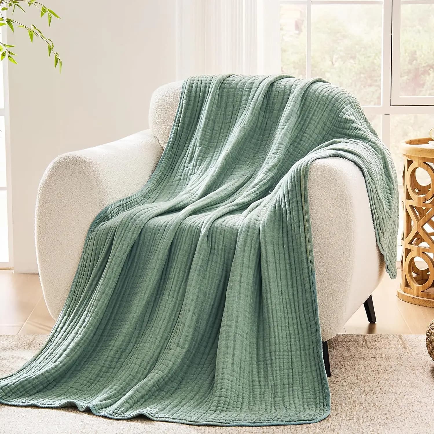 100% Cotton Muslin Blanket,6-Layer Soft Throw for Bed Couch,Breathable Lightweight Blankets for Adults Hot Sleepers,Room Decor