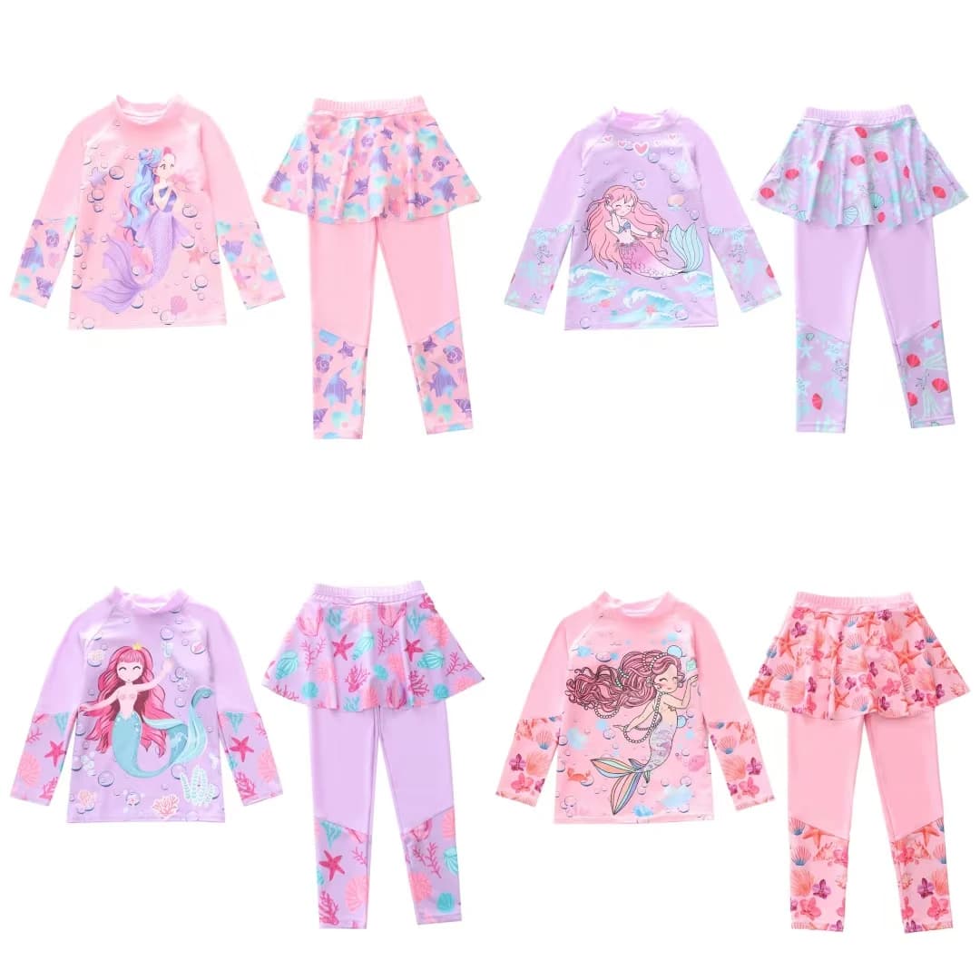 Children's Swimming Suit Girls' Two-Piece Long Sleeve Swimwear Rainbow Unicorn Pants Skirt Fast Drying Fitness Swimming Costume