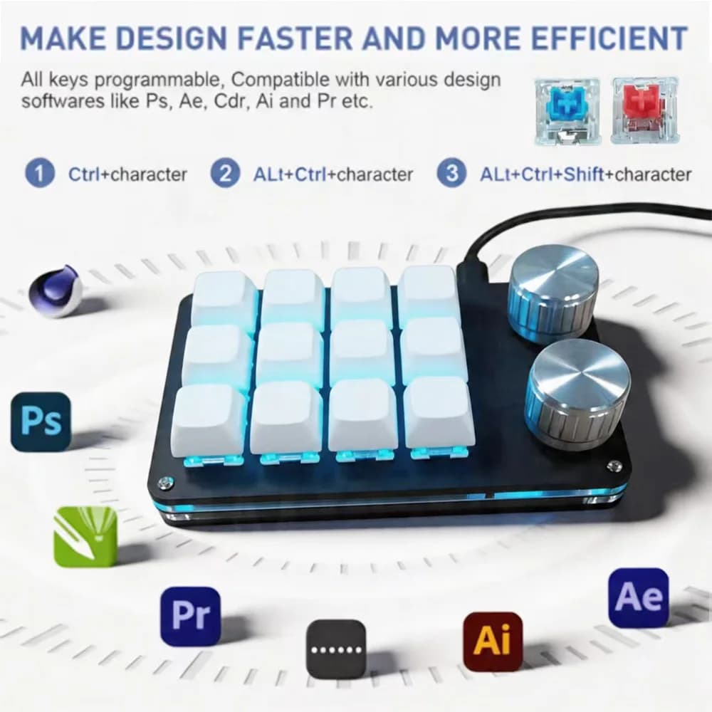 12-Keys Multi-Functional Editing Keyboard, 6-Layer Macro Recording, Full-Key Customization, One-Step Operation for Control