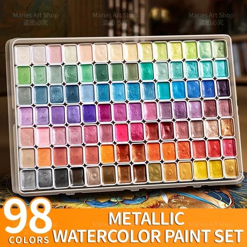 98-Color Metallic Shimmer Watercolor Paint Set,Pearl Pigments for Artists,Hobbyists for Illustration,Scrapbooking,Decoration
