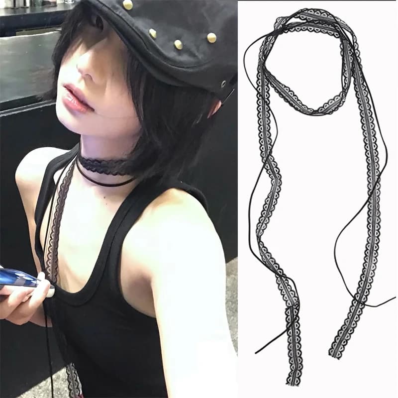 Black White Lace Necklace Versatile Long Ribbon Layered Clavicle Chain Choker for Woman Girls Daily Wear Neck Decoration Jewelry
