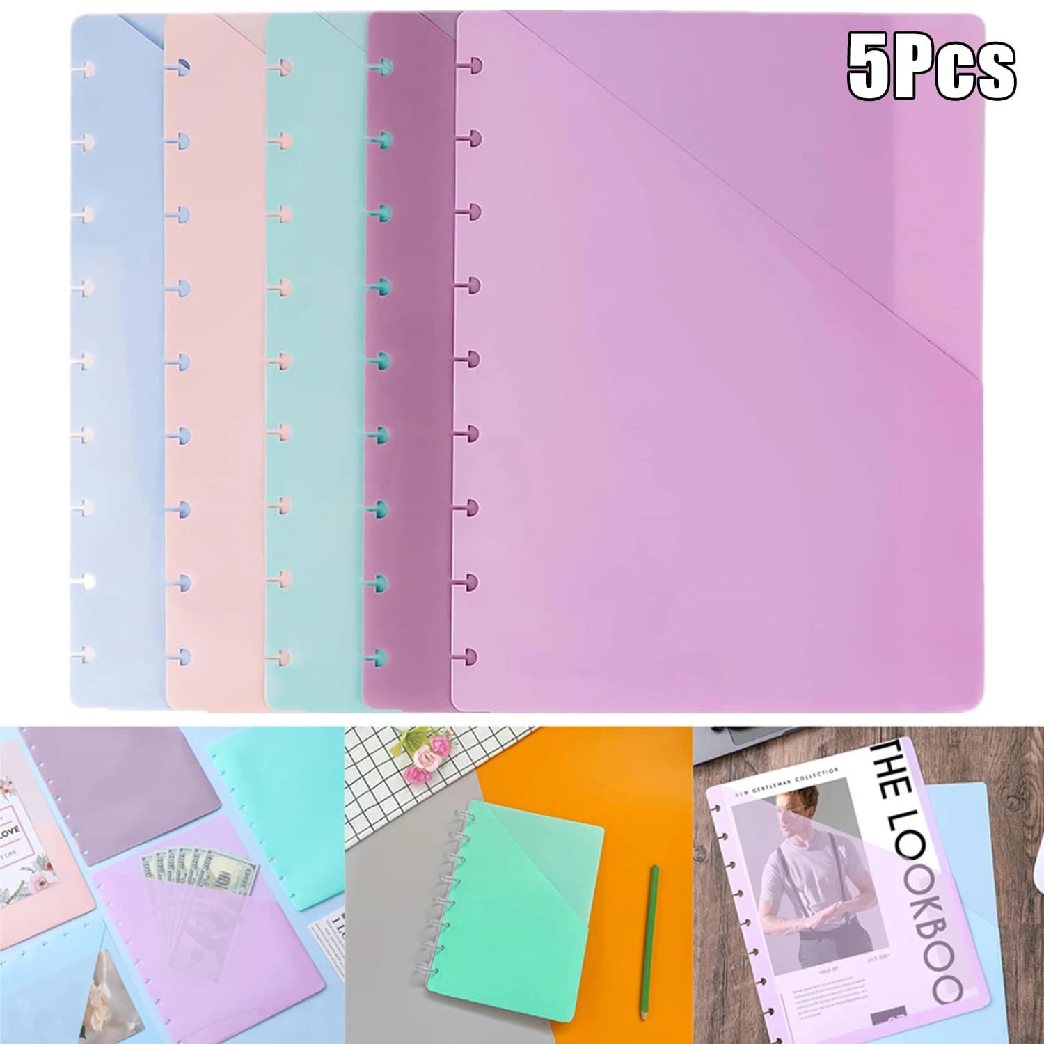 5Pcs Discbound Dividers with Pockets Discbound Notebook 7x9.25'' 9 Disc Bound Planner Inserts Pocket Plastic Index Dividers