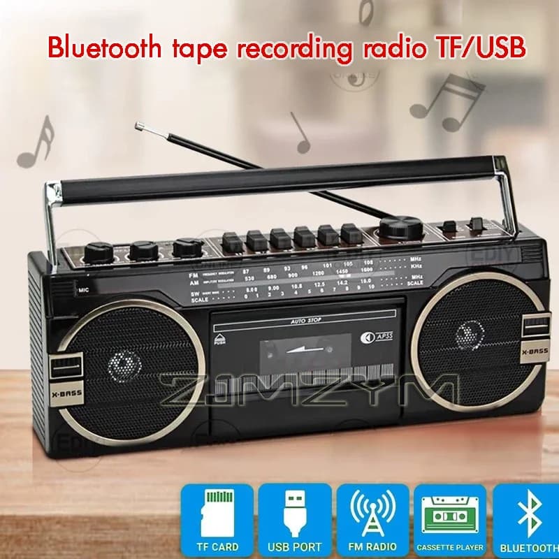 Portable Vintage USB Am Fm USB Tape Radio Dual Recording Boombox Mp3 Audio Cassette Tape Player Recorder Bluetooth Speaker 220V