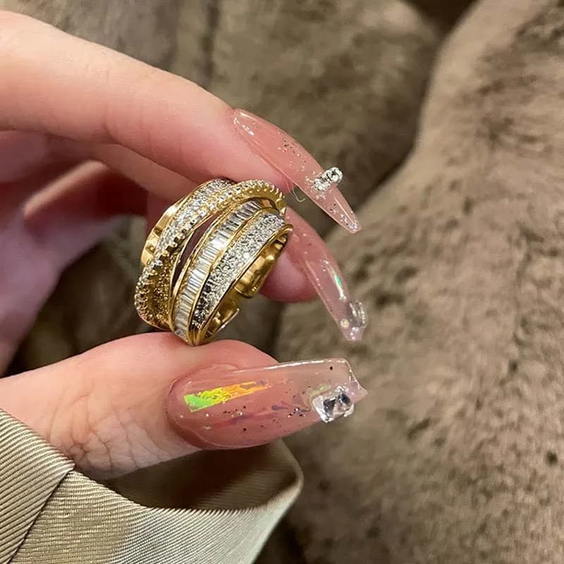 Korea Gold Color Multilayer Wide Open Rings For Women Luxury Shiny Zircon Cross Adjustable Finger Ring Wedding Jewelry Gift