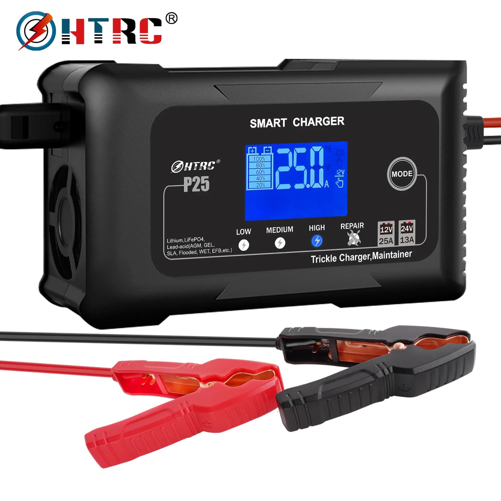HTRC 20A/25A Car Battery Charger High Power Smart Charger for Lithium LiFePO4 AGM GEL Lead-acid Battery 12V 24V Charger for Car