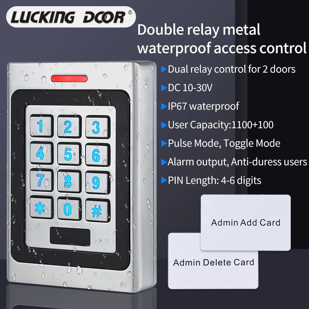 Standalone Access Control Double-Door Keypad 2-Relays Control 2-Doors With Pulse Mode Toggle Mode Alarm Output Anti-Duress Users