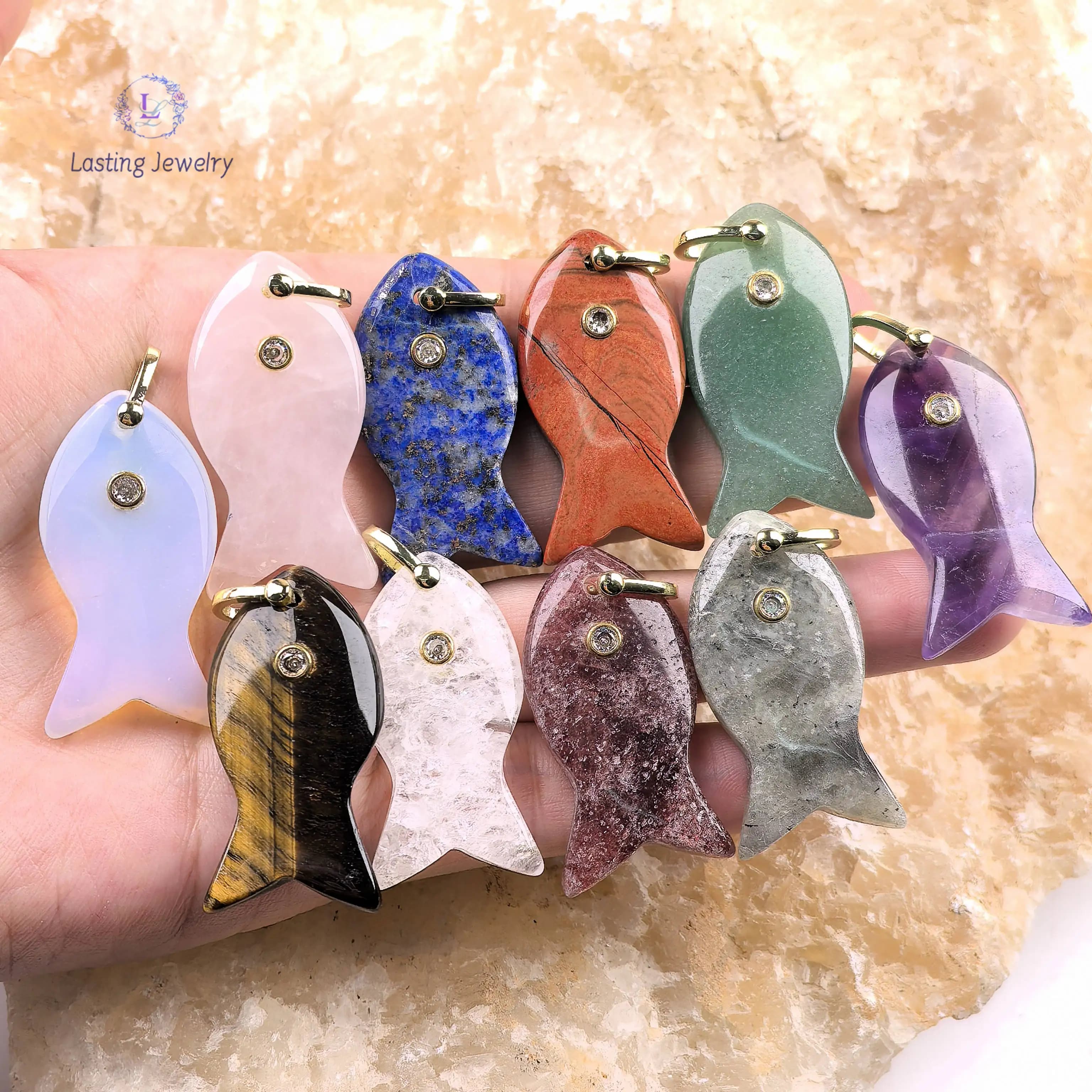Gemstone With Inlaid Zircon Carved Fish Pendants Reiki Crystal Rose Quartz Lapis Labradorite Charms For Necklace Jewelry Making