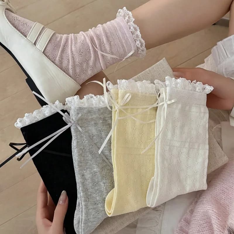 Women Socks New Fashion Spring Summer Thin Cute Lace Bow Long Socks For Women Solid Color Mesh Cute Lolita Girls Socks