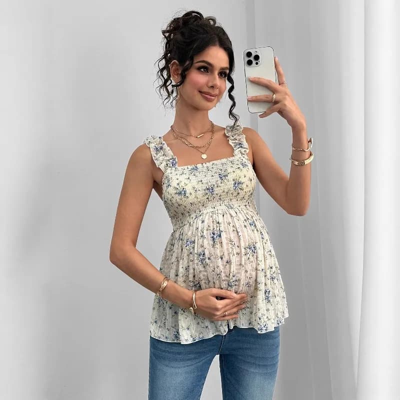 Maternity Clothing Spring and Summer New Printed Suspenders Maternity Top Square Collar A Word Maternity Vest Pregnancy Shirt