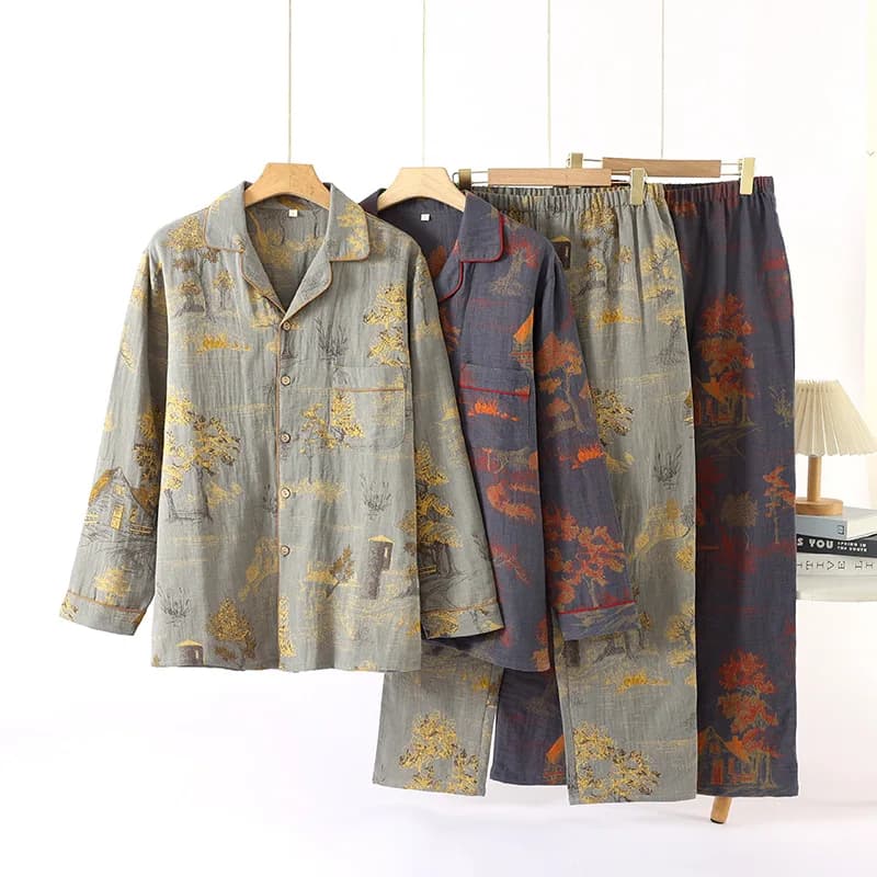Cotton Gauze Yarn Dyed Landscape Printed Men's Sleepwear Clothes for Spring and Autumn Long Sleeved Loose Oversized Home Suit