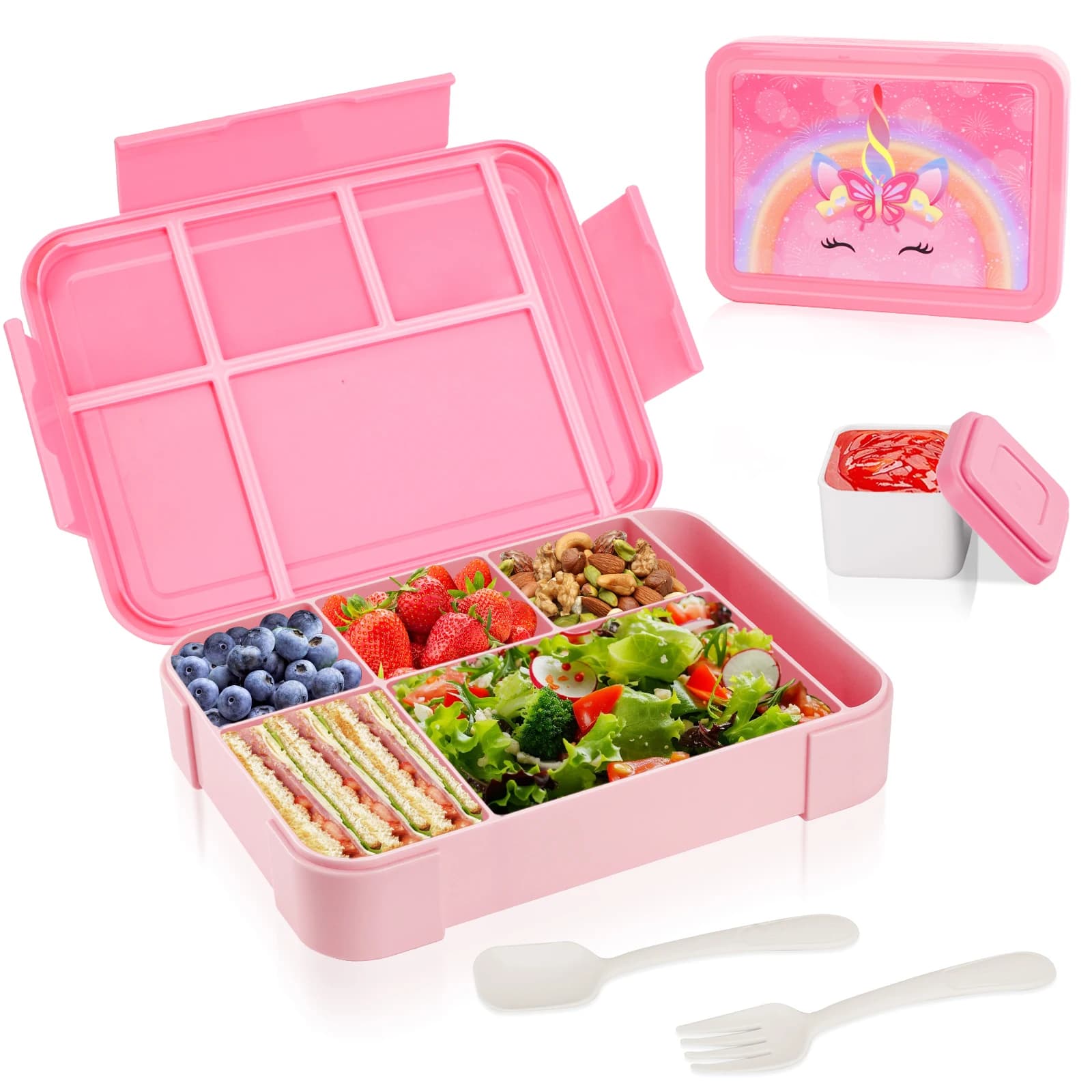 Pink Bento Lunch Box For Kids Girls Microwave Oven Bento Box With 6 Compartments BPA-Free Snack Food Container for School Picnic