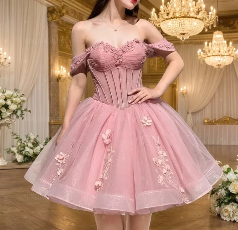 Sparkly Tulle Prom Dresses for Teens Off Shoulder Short Homecoming Dresses for Quinceanera Flowers Lace Ball Gown Customized