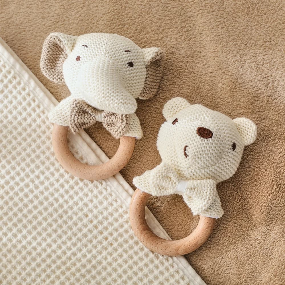 Baby Rattle Toys Cute Bear Crochet Animal Toys Cartoon Wooden Teether Baby Mobile Crib Product Wooden Newborn Rattle Toys