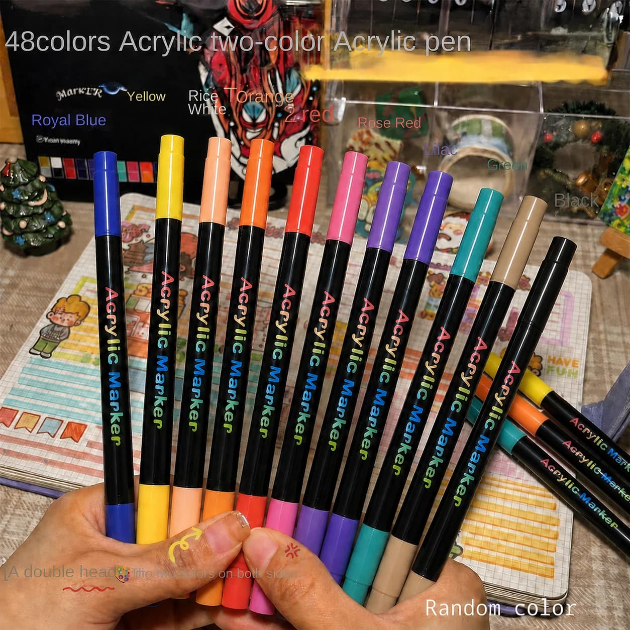 Professional Art Use 24/48-Color Acrylic Paint Markers, Dual-Tip Fine and Brush Tip Pens, Suitable for Stone, Wood, Calligraphy