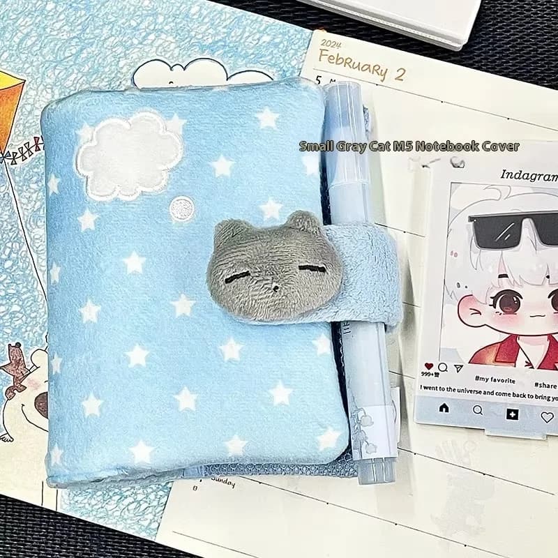 Cute M5 Handbook Book Cover Grey Cat Wave Dot Rabbit Cover High Beauty Simple Loose Leaf Notebook Only Shell