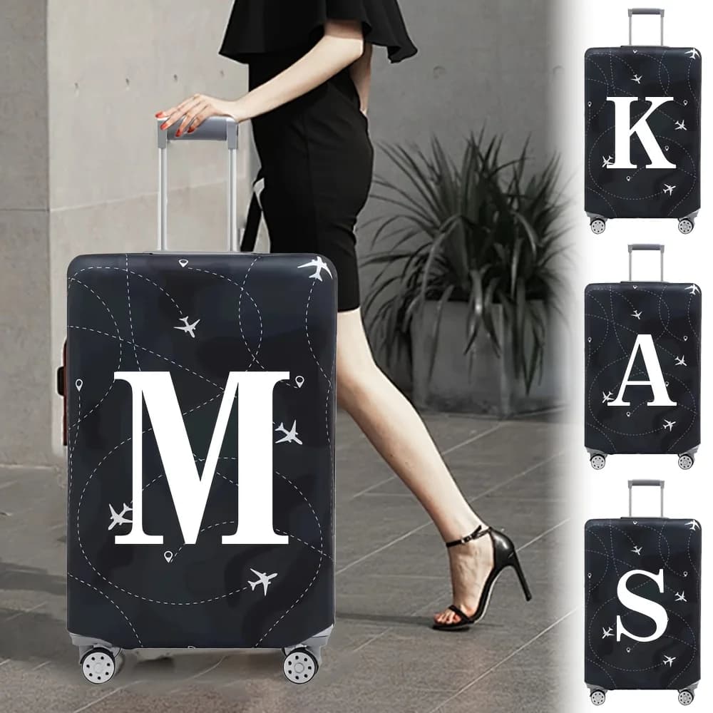 This stretchy luggage cover fits suitcases ranging from 18-32 in and features a white A–Z letter pattern printed on the surface