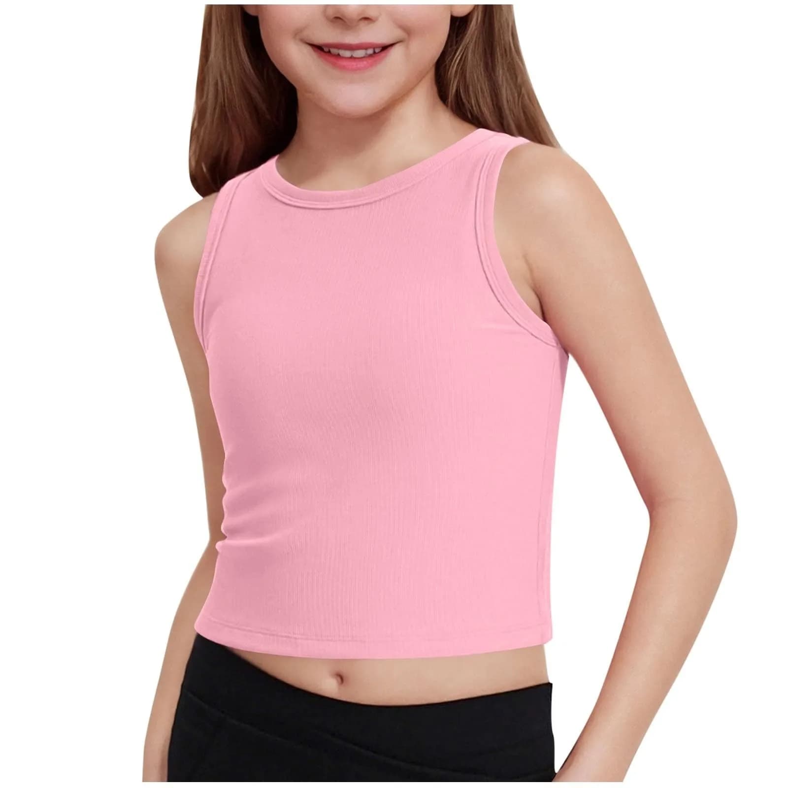 Girl Tank Tops Kids Athletic Fit Sleeveless Ribbed Knit High Neck Crop Top Elastic Bodysuit Gym Yoga Vest For Teenagers Girls