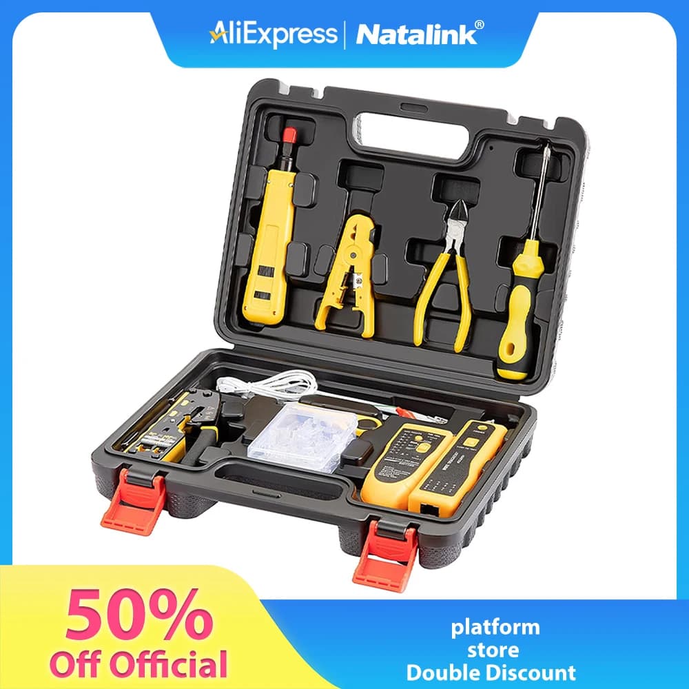 Natalink Network Tool kit RJ45 Crimp Tool Pass Through Crimper, Wire Tracker, Punch down Tool, Stripper, Cutter, Cat6 Connectors