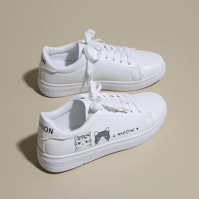 Women Sneakers Fashion Breathble Vulcanized Shoes Pu Cute Cat Cartoon Lace Up Casual White Women Shoes Zapatos De Mujer Female