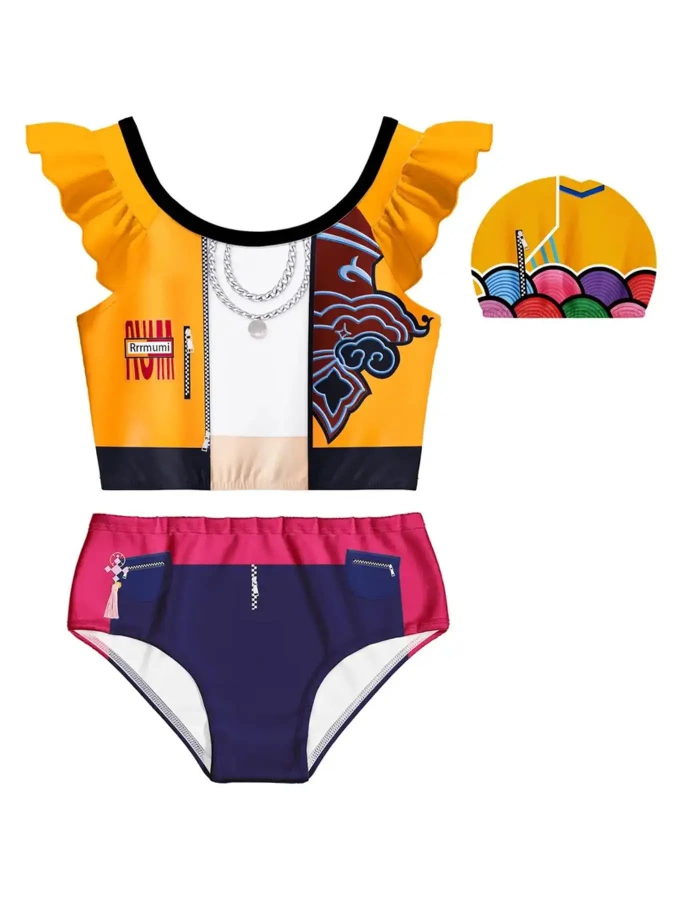 Children's Clothing Girls' Swimsuit Set Cartoon Print Girl Summer Beach Vacation Swimsuit Cute Ruffled Kidsren's Swimsuit + Pants + Hat Three-Piece Set Suitable for Girls Aged 4-11