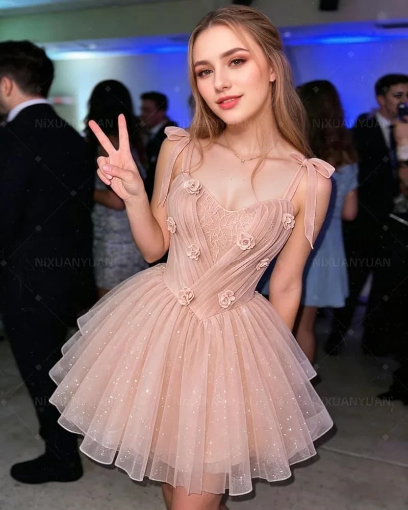 Short Homecoming Dresses Pleated Tulle Off Shoulder Prom Dresses for Quince Glitter Flower Bow Strap Cocktail Dress Customized