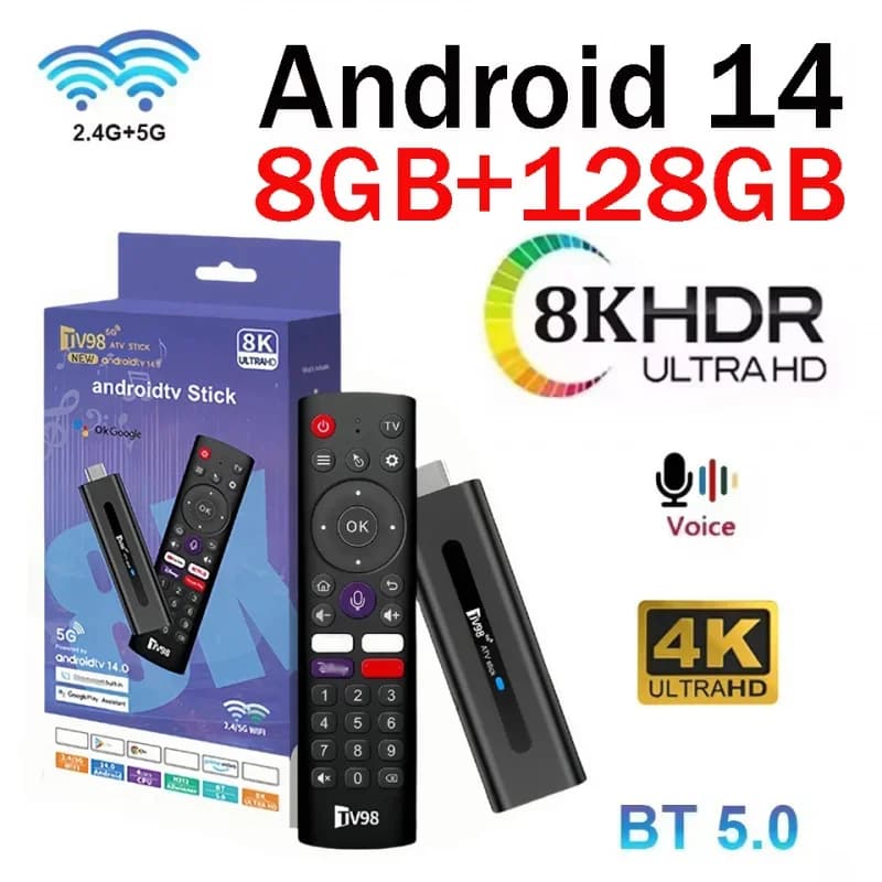 TV98 ATV Stick 8K 4K HD Support Video BT5.0 Dual WiFi6 4G 5G Voice Remote Allwinner H313 Quad Core Smart TV Stick 8GB 128GB for