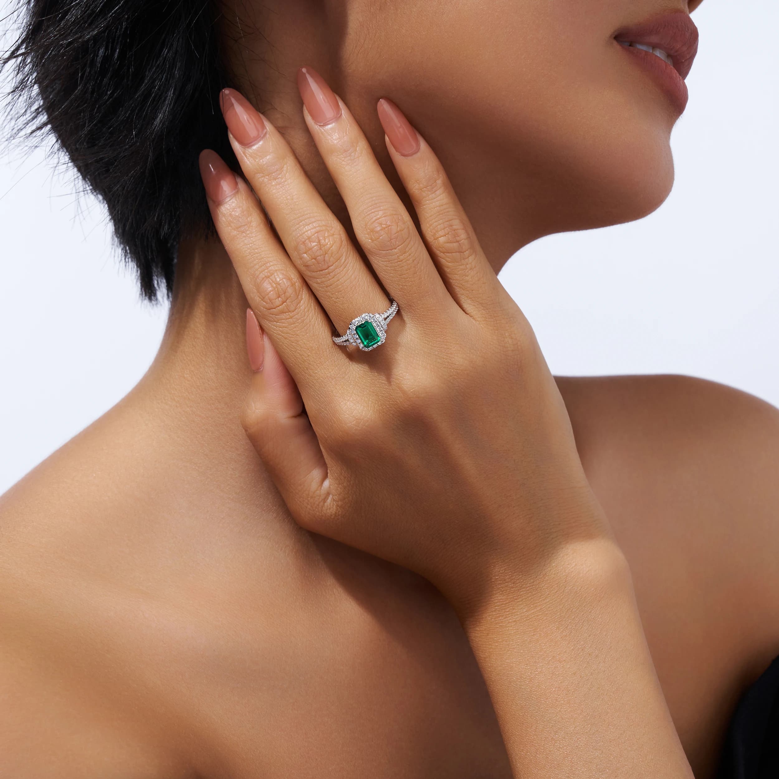 JIUZUAN Emerald Cut 5x7mm Lab Emerald Ring S925 Silver 18K Gold Plated Pavé Moissanite Halo Engagement Jewelry for Women Ring