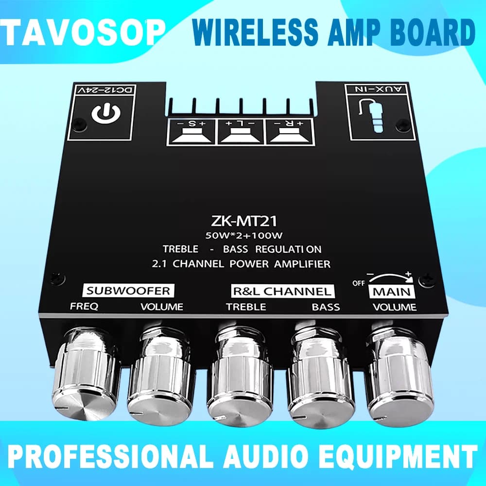 Audio Amplifier Board 2.1Channel 50W x 2 +100W Subwoofer Power amp with BT5.0 and AUX Inputs Stereo Digital amp For Home Theater