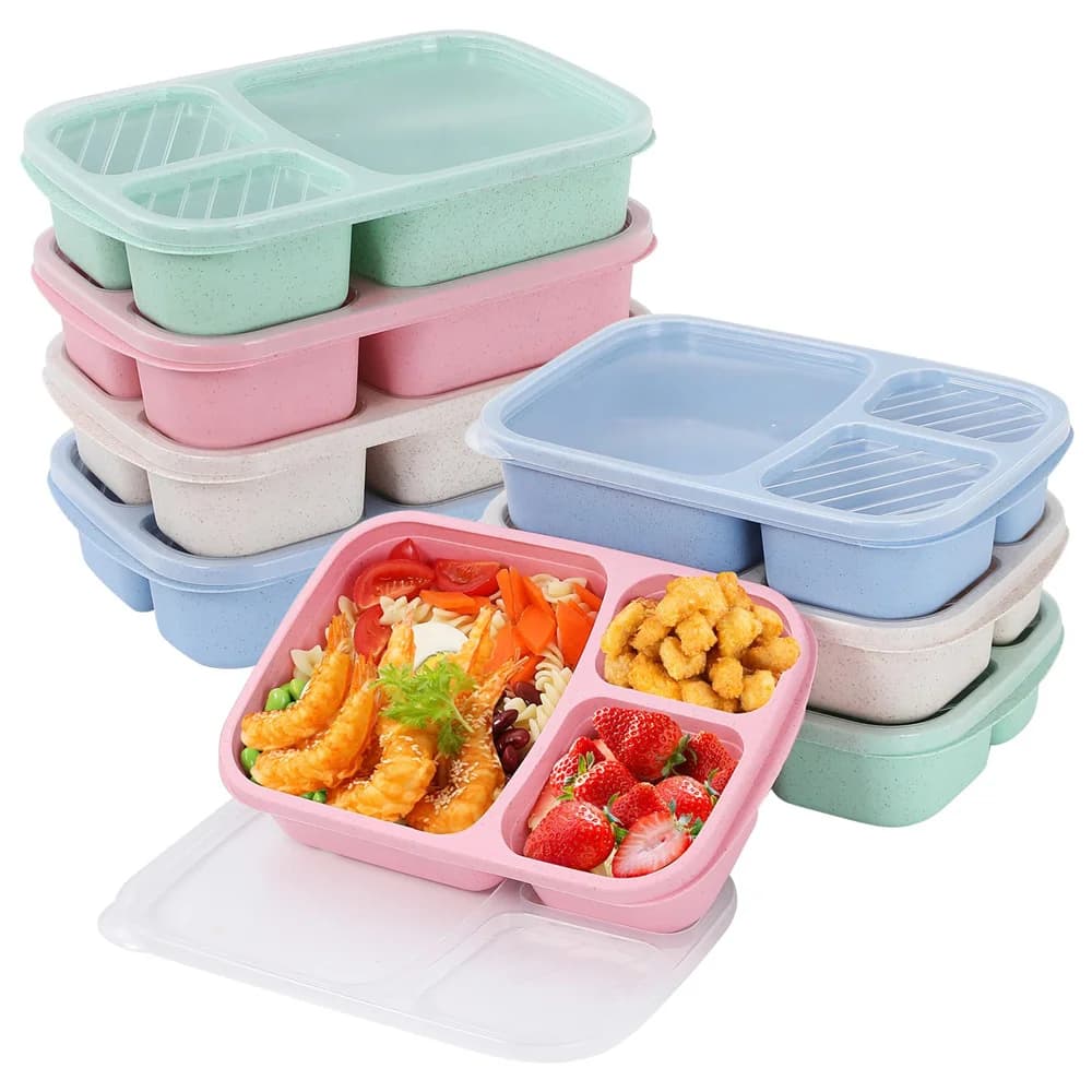Bento Lunch Box Set 3 Compartment Food Storage Containers Wheat Straw Meal Prep Lunch Box Plastic Food Storage Container