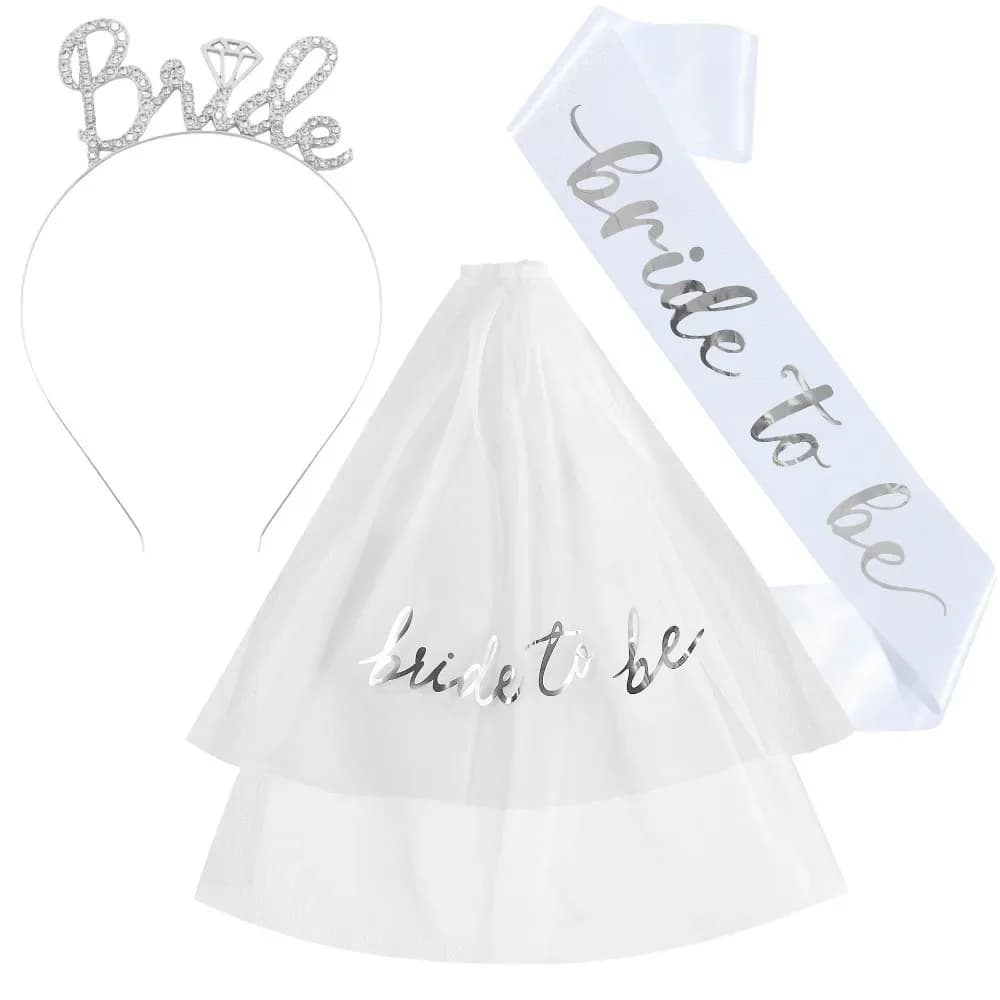 Bridal Party Set Of 3 Accessories Bride Sash With Tiara And Veil For Bachelorette Wedding Shower Decorations
