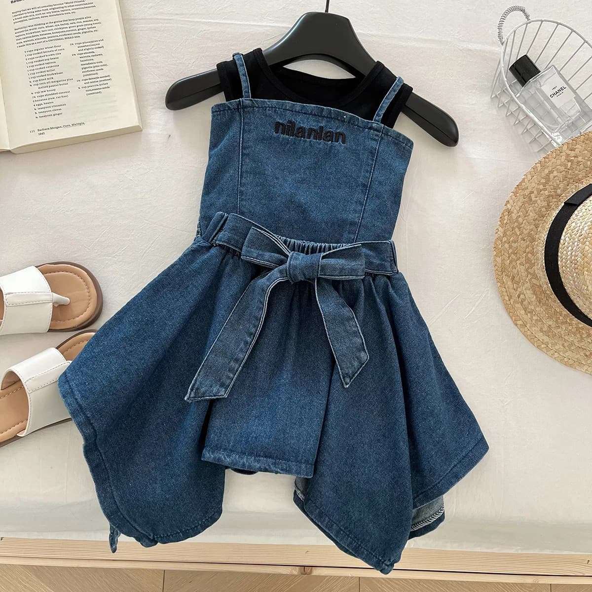 Girls' Clothing Set 2025 Summer New Sleeveless Denim Vest Top, Children's Denim Short Skirt Summer Three Piece Set