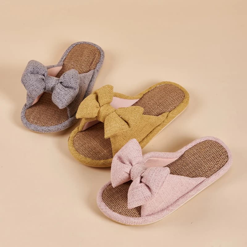 Women's Slippers for Spring, Autumn, and Summer, Indoor Home Non-Slip Wooden Floor Silent Slippers for All Seasons with Bowknot