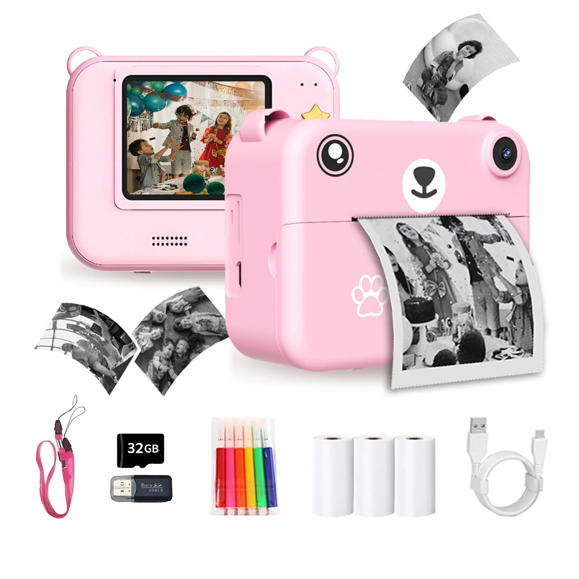 Digital Camera For Kids Instant Print Portable Small Camera With 32G Memory Card And 3 Rolls Printing Paper, Gift For Boys&Girls