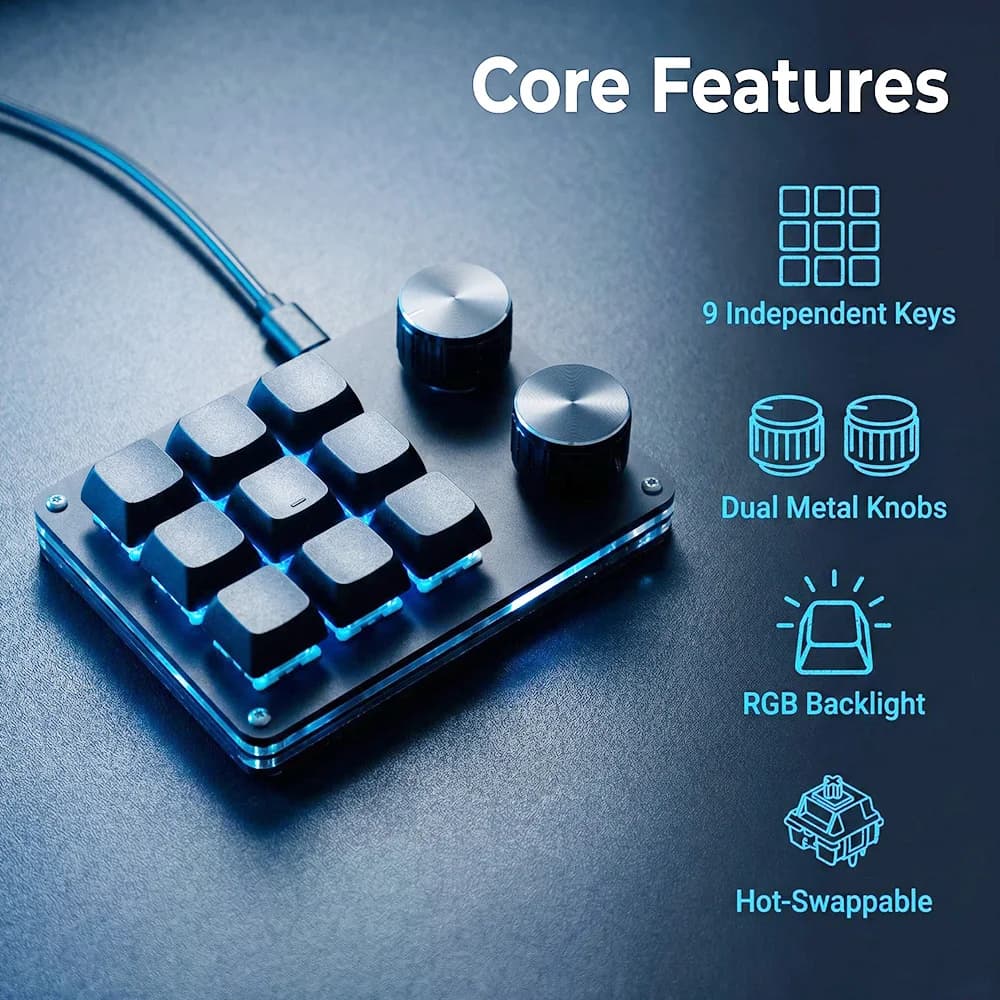 9-Key Multi-Functional Editing Keyboard, 6-Layer Macro Recording, Full-Key Customization, One-Step Operation for Control