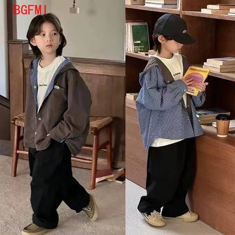 Boys Girls Outerwear Spring Autumn Double-sided Handsome for Teenage Boys Korean Student Hooded Windbreaker Children's Clothing