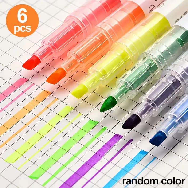 6 Double-Ended Highlighters in Different Colors and Thicknesses to Meet Various Needs, Suitable for Note-Taking, Office Work, Studying, and as a Stationery Gift