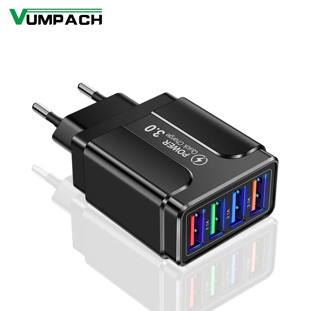 4 Ports Quick Charge 3.0 Wall Fast Charger Adapter Micro USB Fast Data Sync Charger Cable for Samsung Xiaomi Huawei Mobile Phone