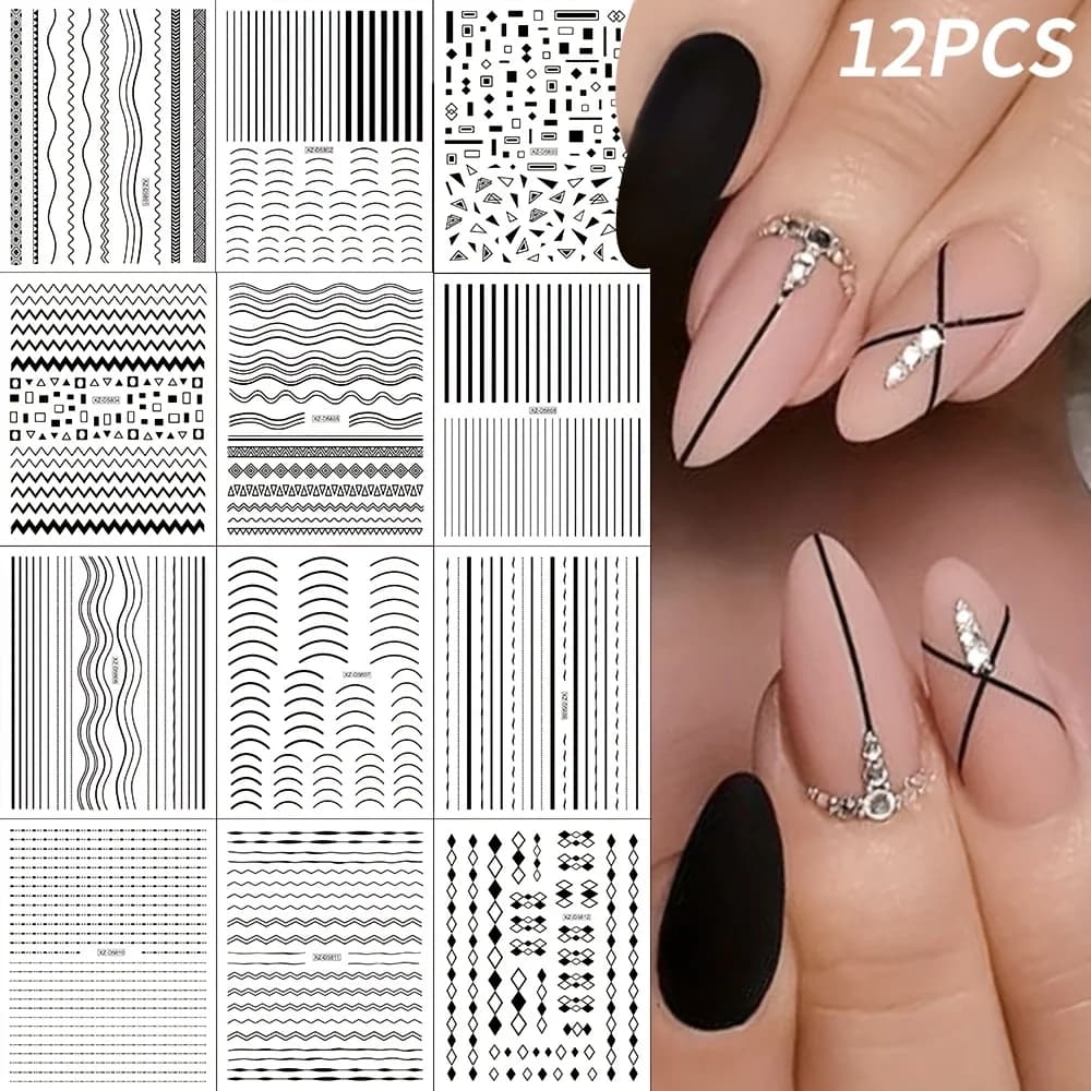 12-piece self-adhesive glossy black and white stickers - 3D stripes and geometric patterns, easy-to-apply DIY nail stickers,