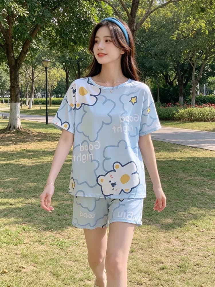Summer Nightwear Kawaii Girls Young Womens Cartoon Shorts Pajama Sets Pyjamas Femme Sleepwear Loungewear Pijama Mujer Homewear