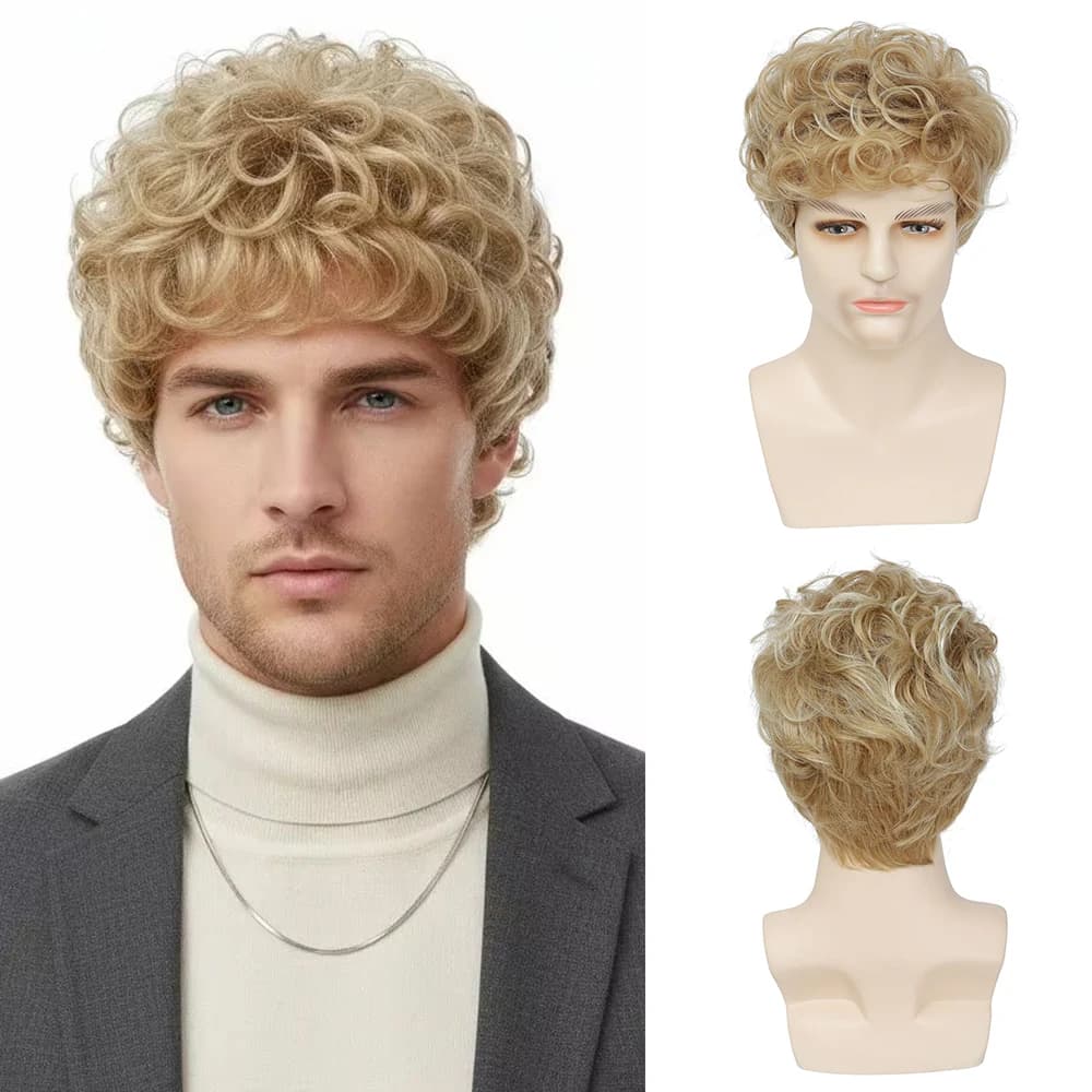 Synthetic Men Short Curly Blonde Wig with Bangs Fluffy Looking Realistic Wig High Temperature Fiber Wavy Fake Hair