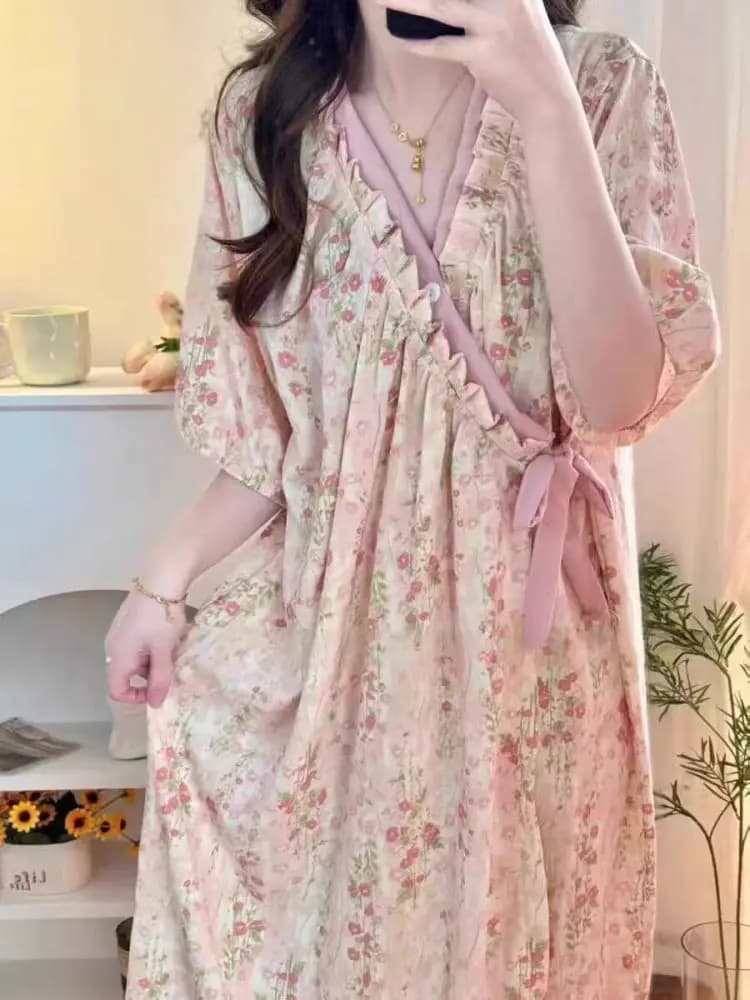 2026 New Women's Sleep Robe Summer Short Sleeve Monet Garden Mid-Length Pure Desire Style Sleep Dress Home Clothes