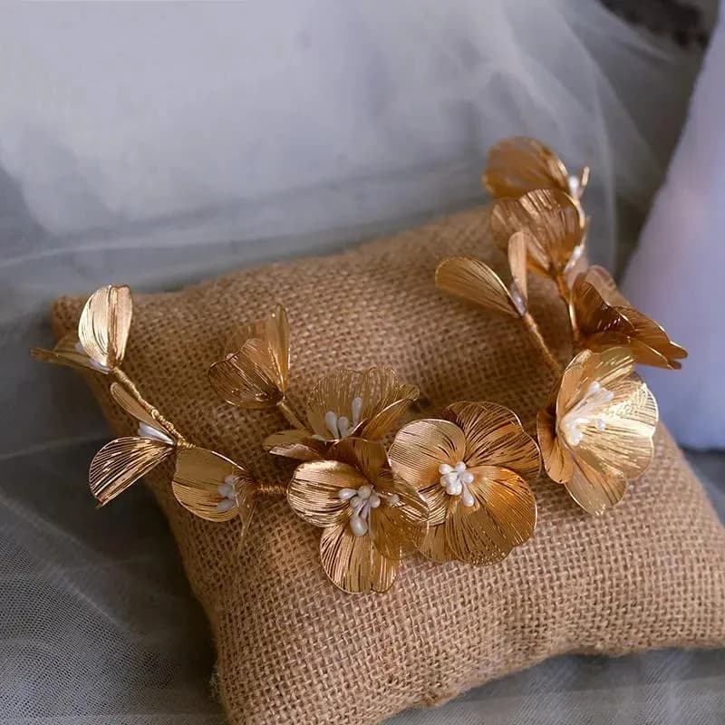 Golden Flower Hairband Bride Wedding Hair Accessories Luxury Metal Floral Crowns Beads Adjustable Tiaras Marriage Hair Jewelry