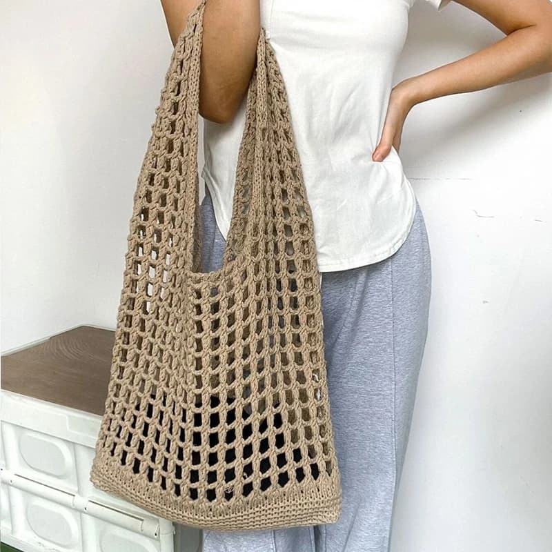 Fashion Crochet Bags for Women Summer Beach Tote Bag Aesthetic Totes Handbag Bohemian Woven Knit Shoulder Bag