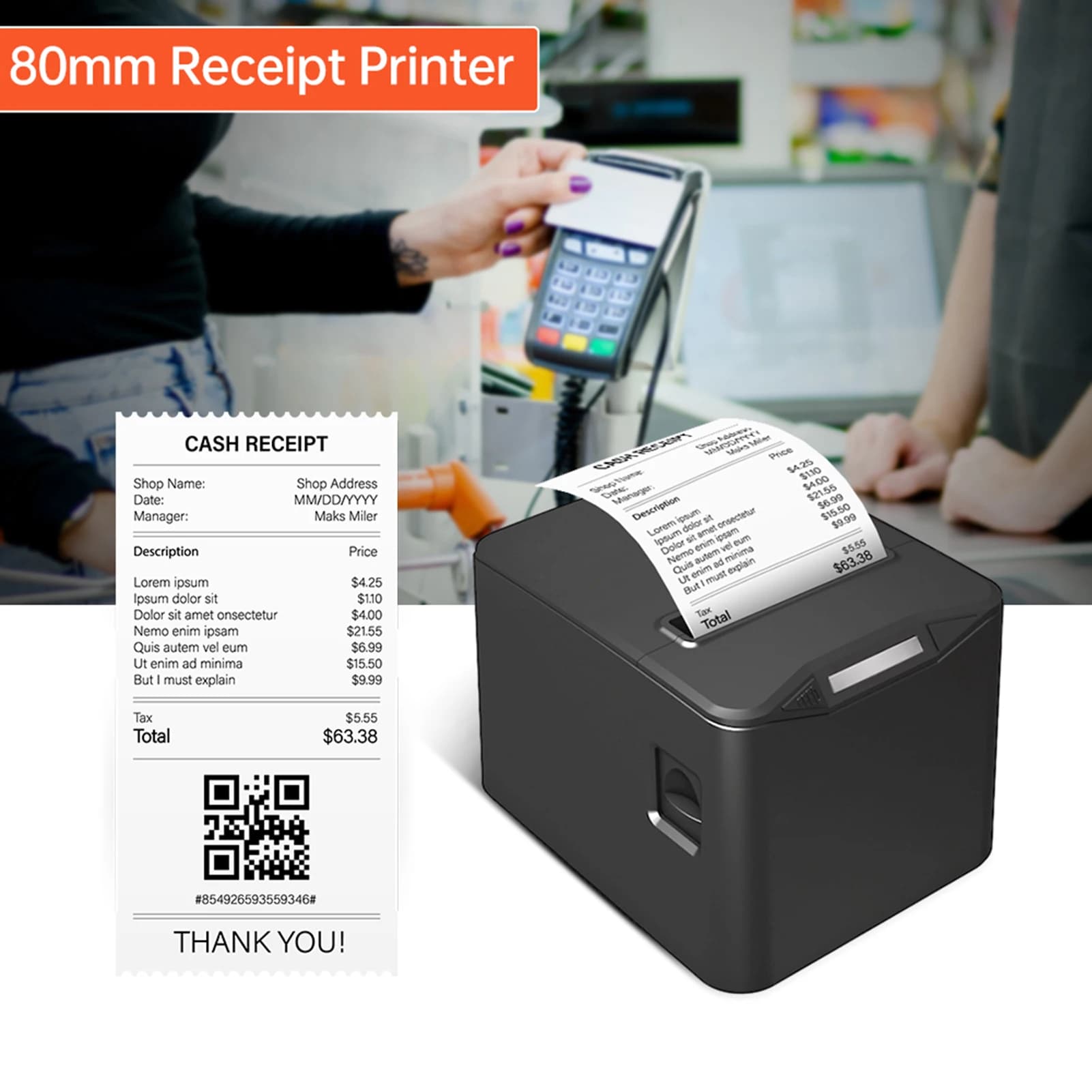 Thermal Receipt Printer 80mm Desktop Direct Thermal Printing USB+LAN Connection High Speed with Auto Cutter Large Paper Bin