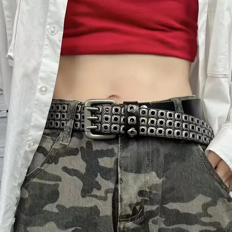 New Women Belt Fashion Square Beads, Willow Nails, Three Exhaust Eyes, Punk Street Cool, Personalized Men's and Women's Belts