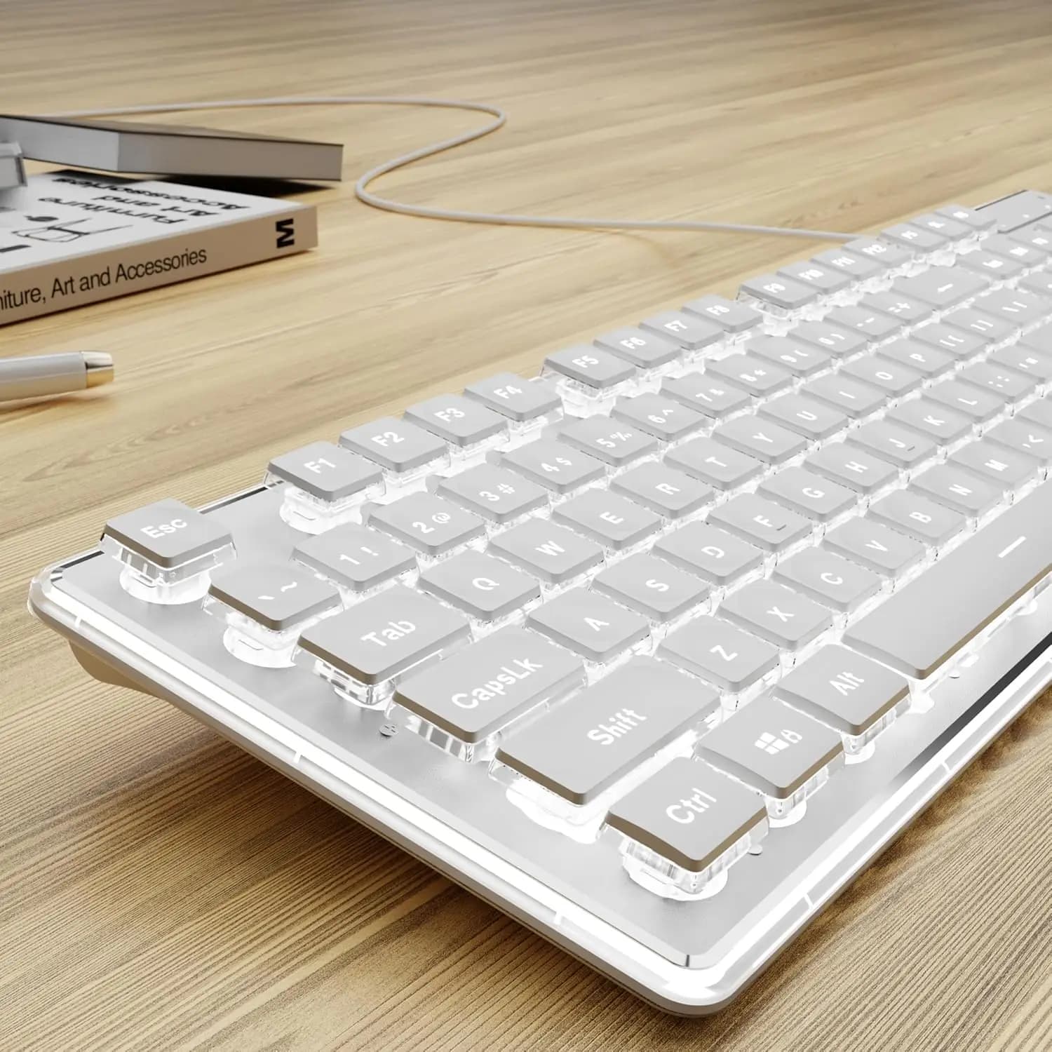 Wired USB Keyboard with White Backlit Metal Panel Pudding Keycaps Full Size Quiet Computer Keyboard for Windows PC Laptop Gamer