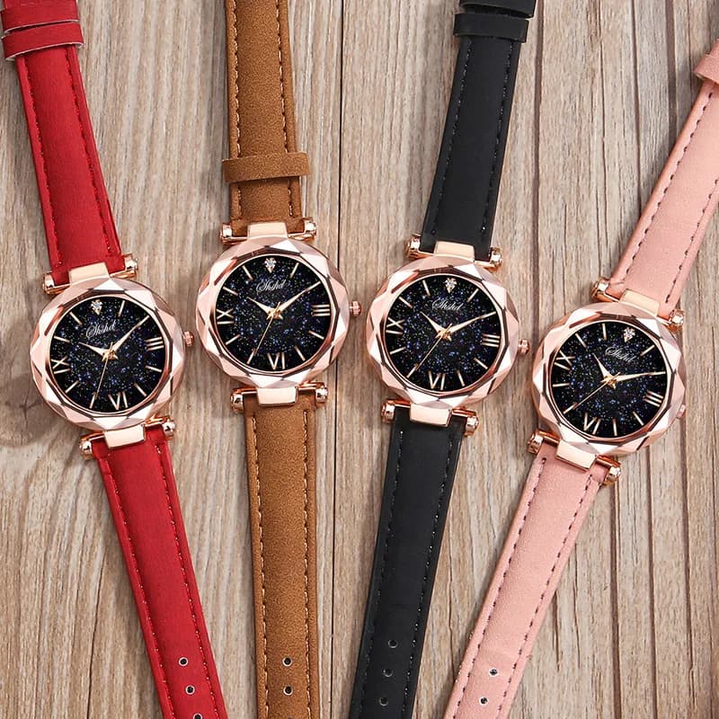 Women Watch Luminous Rhinestone Romantic Starry Sky Wristwatch Water Romantic Starry Sky Watch for Women Leather Watch